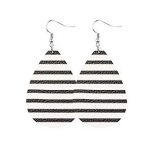 New Boutique Lightweight Faux Leather White & Black Stripe Dangle Hook Earrings
